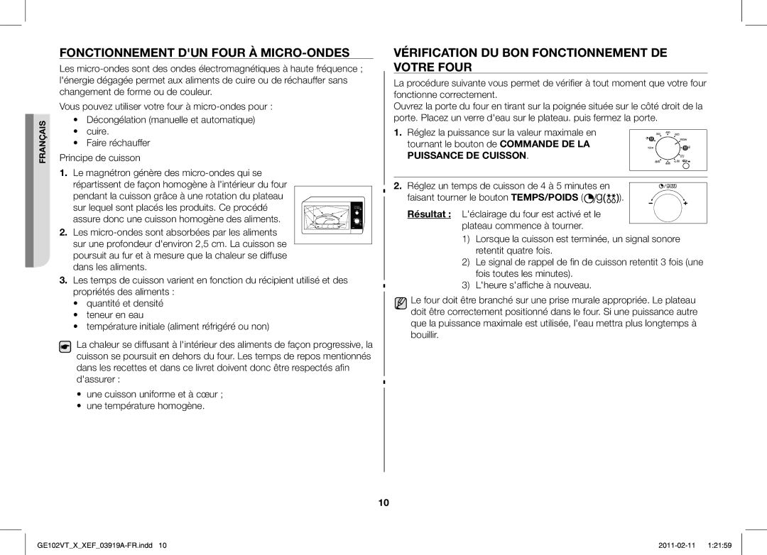 Samsung GE102V-X/XEF manual Fonctionnement DUN Four À MICRO-ONDES, Vérification DU BON Fonctionnement DE Votre Four 