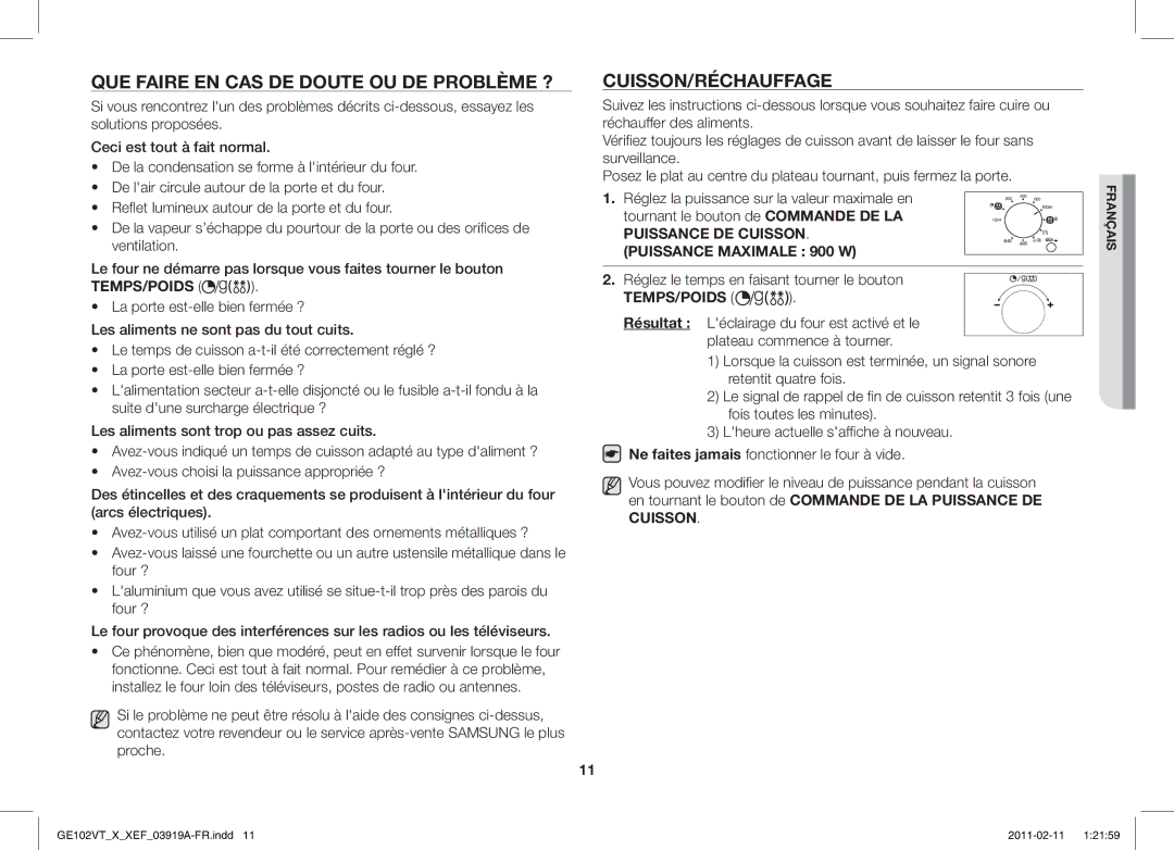 Samsung GE102V-X/XEF manual QUE Faire EN CAS DE Doute OU DE Problème ?, Cuisson/Réchauffage, Temps/Poids 