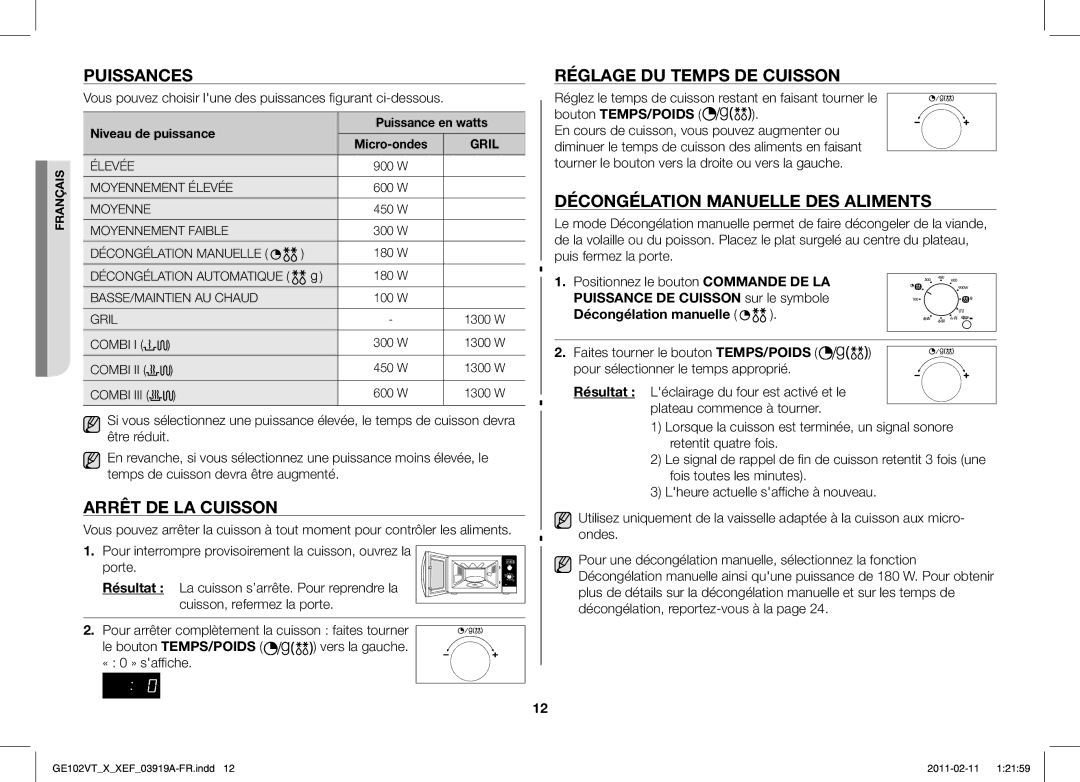 Samsung GE102V-X/XEF Puissances, Arrêt DE LA Cuisson, Réglage DU Temps DE Cuisson, Décongélation Manuelle DES Aliments 