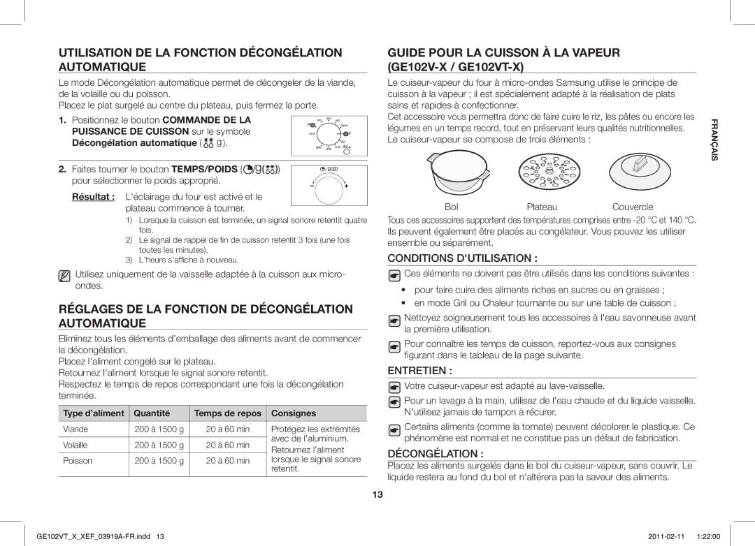 Samsung GE102V-X/XEF manual Utilisation DE LA Fonction Décongélation Automatique 