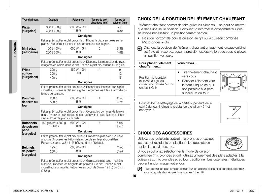 Samsung GE102V-X/XEF manual Choix DE LA Position DE Lélément Chauffant, Choix DES Accessoires 