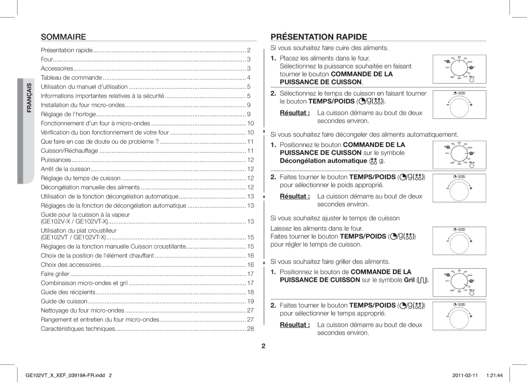 Samsung GE102V-X/XEF manual Présentation Rapide, Guide pour la cuisson à la vapeur, Utilisation du plat croustilleur 