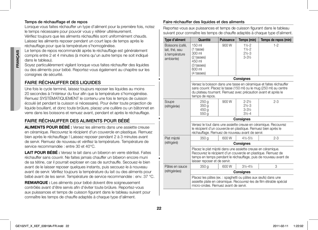 Samsung GE102V-X/XEF manual Faire Réchauffer DES Liquides, Faire Réchauffer DES Aliments Pour Bébé 