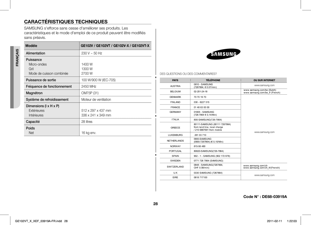 Samsung GE102V-X/XEF manual Caractéristiques Techniques, Code N DE68-03919A, Modèle 