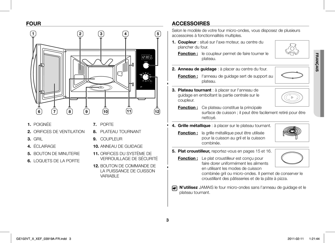 Samsung GE102V-X/XEF manual Four, Accessoires, Fonction, Plat croustilleur, reportez-vous en pages 15 et 