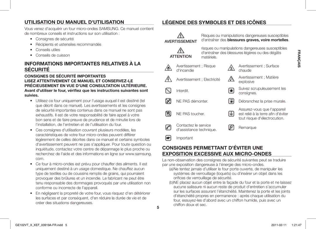 Samsung GE102V-X/XEF manual Informations Importantes Relatives À LA Sécurité 