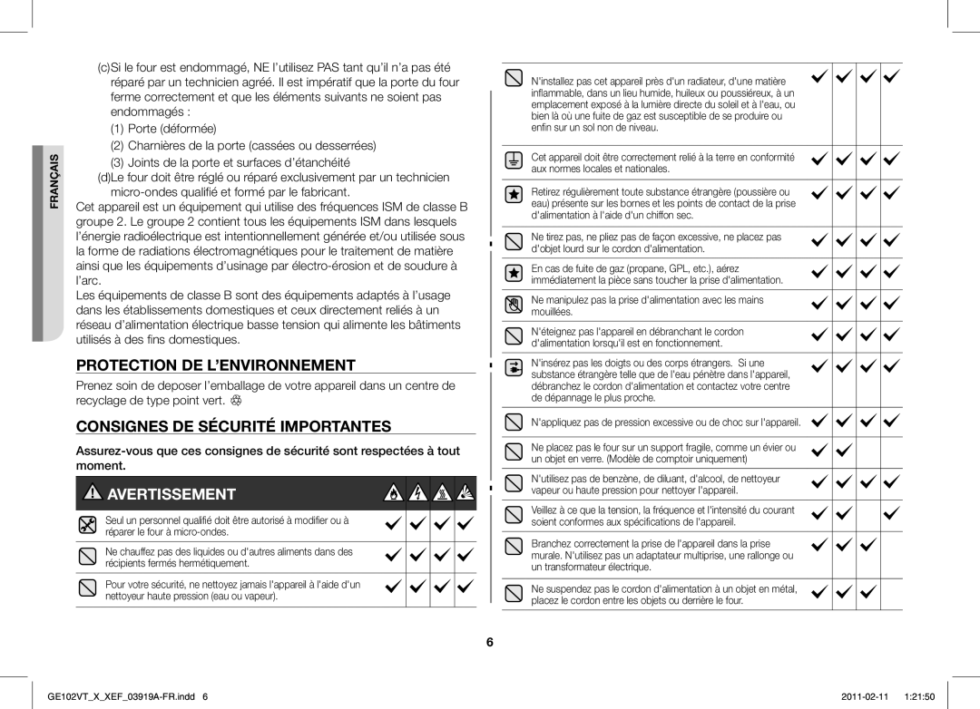 Samsung GE102V-X/XEF manual Protection DE L’ENVIRONNEMENT, Consignes DE Sécurité Importantes 