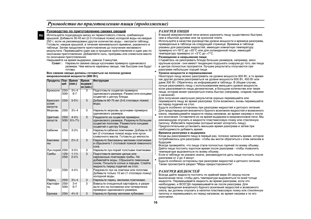 Samsung GE102WR/BWT manual Руководство по приготовлению пищи продолжение, Разогрев Пищи, Разогрев Жидкостей 