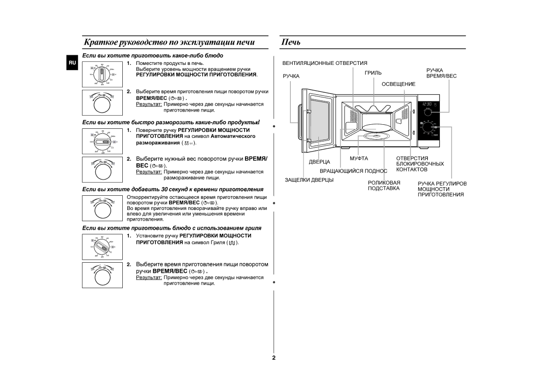 Samsung GE102WR/BWT manual Краткое руководство по эксплуатации печи, Печь 