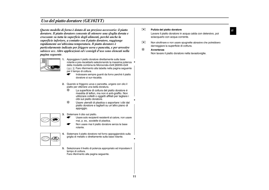 Samsung GE102Y-S/XET manual Uso del piatto doratore GE102YT, Pulizia del piatto doratore 