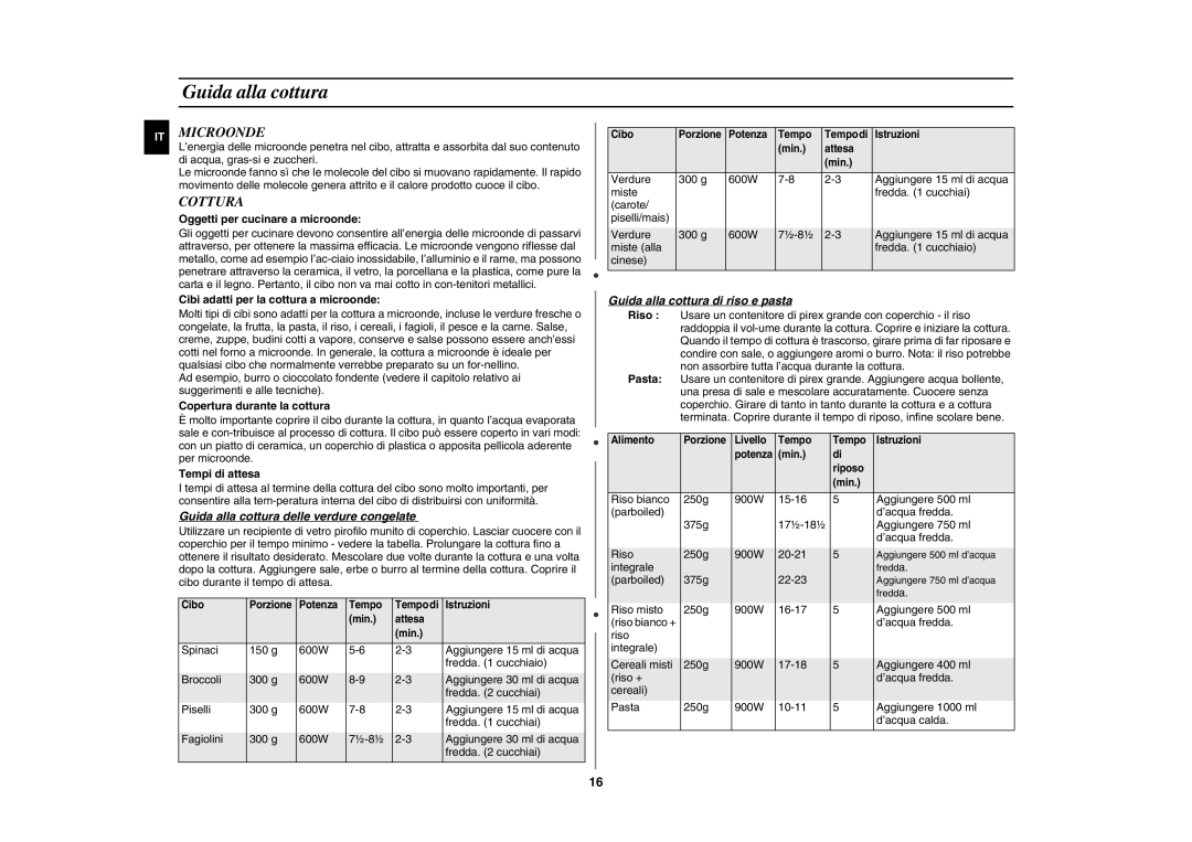 Samsung GE102Y-S/XET manual Microonde, Cottura, Guida alla cottura delle verdure congelate 