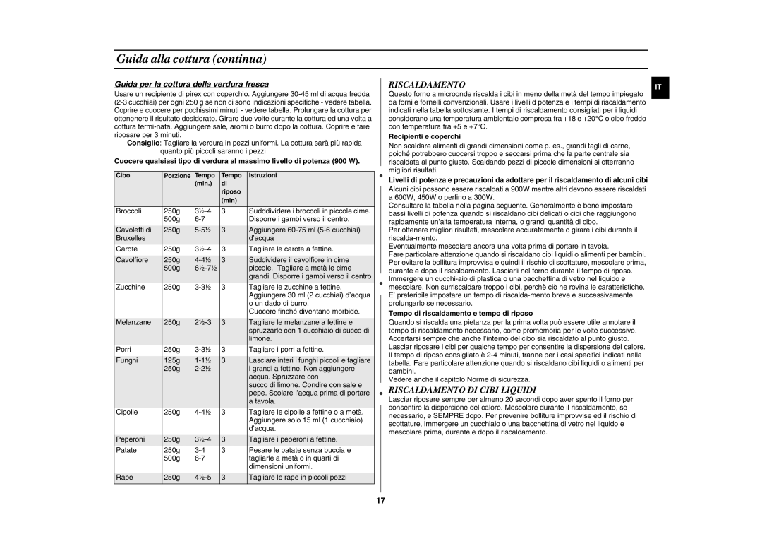 Samsung GE102Y-S/XET manual Guida alla cottura continua, Riscaldamento DI Cibi Liquidi, Recipienti e coperchi 