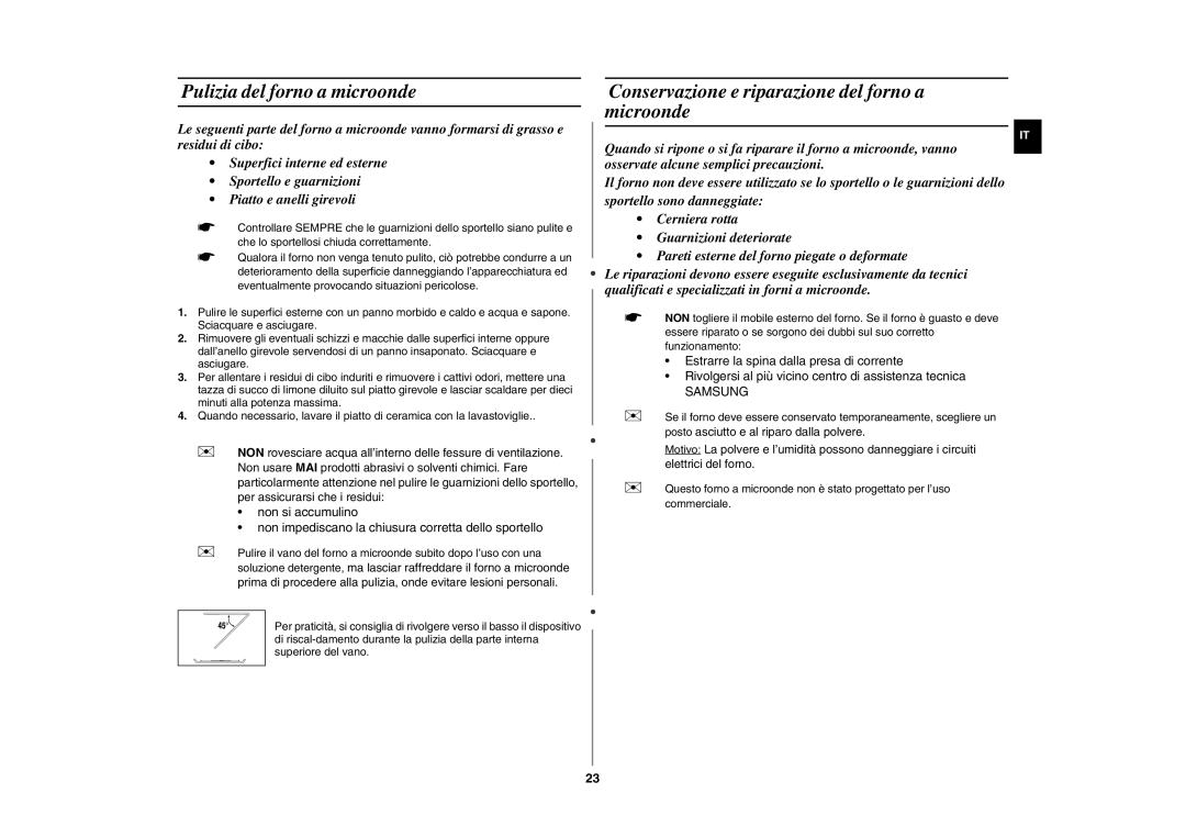 Samsung GE102Y-S/XET manual Pulizia del forno a microonde, Conservazione e riparazione del forno a microonde 
