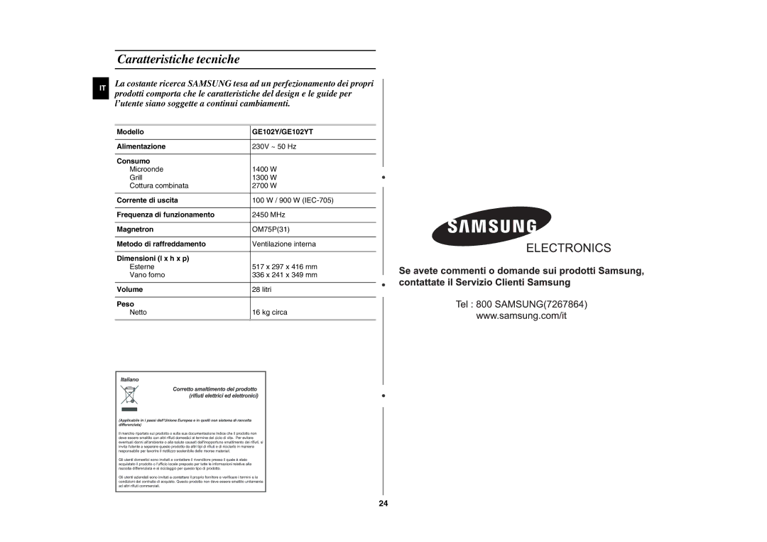 Samsung GE102Y-S/XET manual Caratteristiche tecniche 