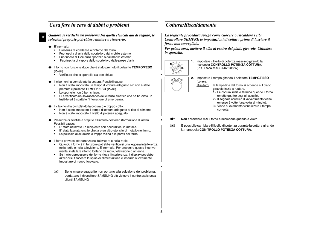 Samsung GE102Y-S/XET manual Cosa fare in caso di dubbi o problemi, Cottura/Riscaldamento 