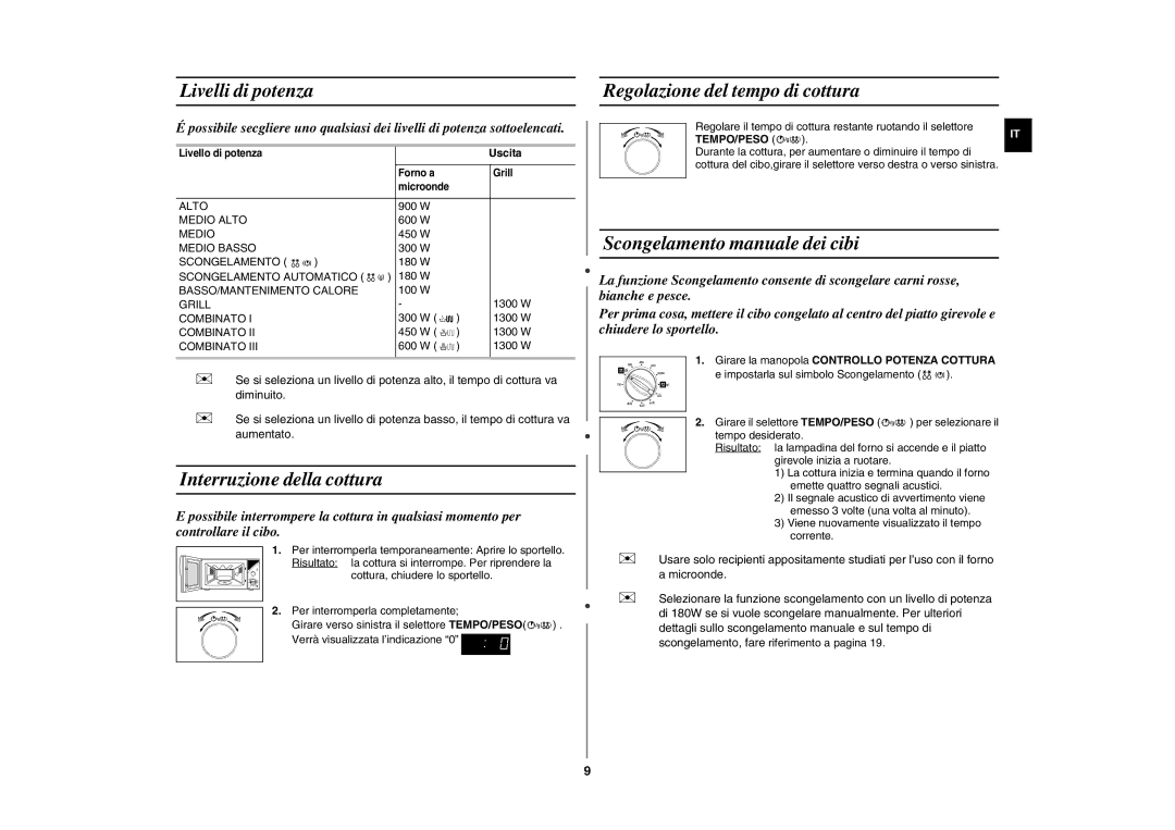 Samsung GE102Y-S/XET manual Livelli di potenza, Interruzione della cottura, Regolazione del tempo di cottura 