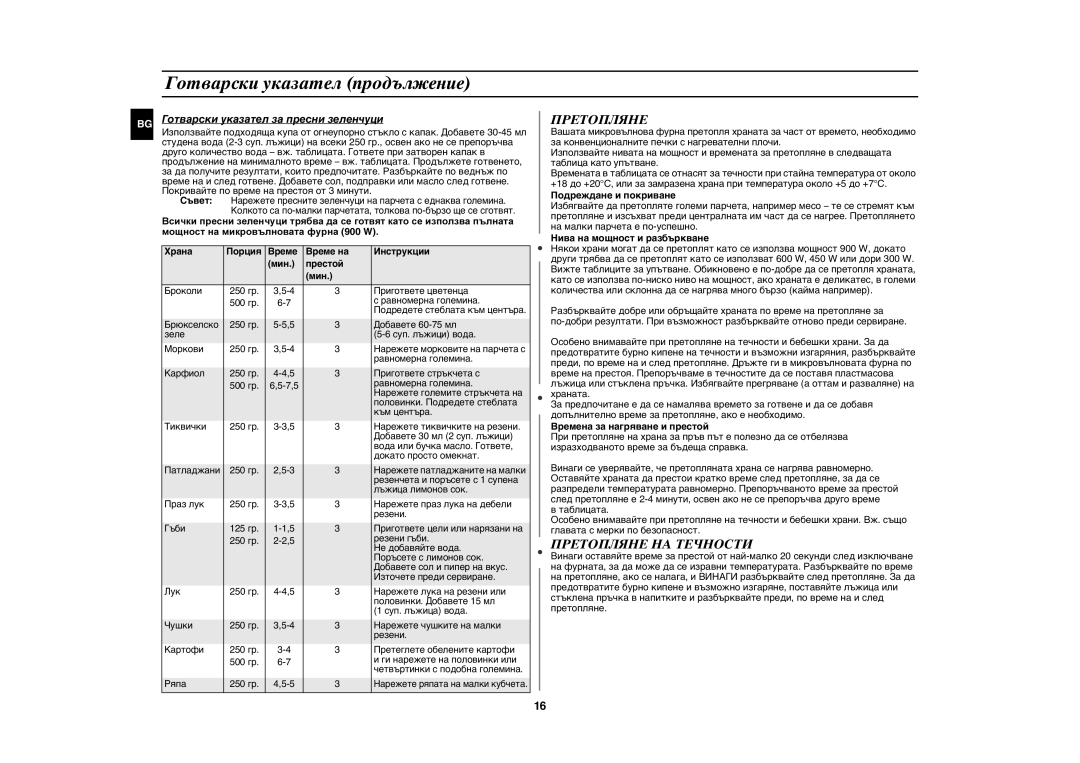 Samsung GE102Y/BOL Готварски указател продължение, Претопляне НА Течности, Готварски указател за пресни зеленчуци 