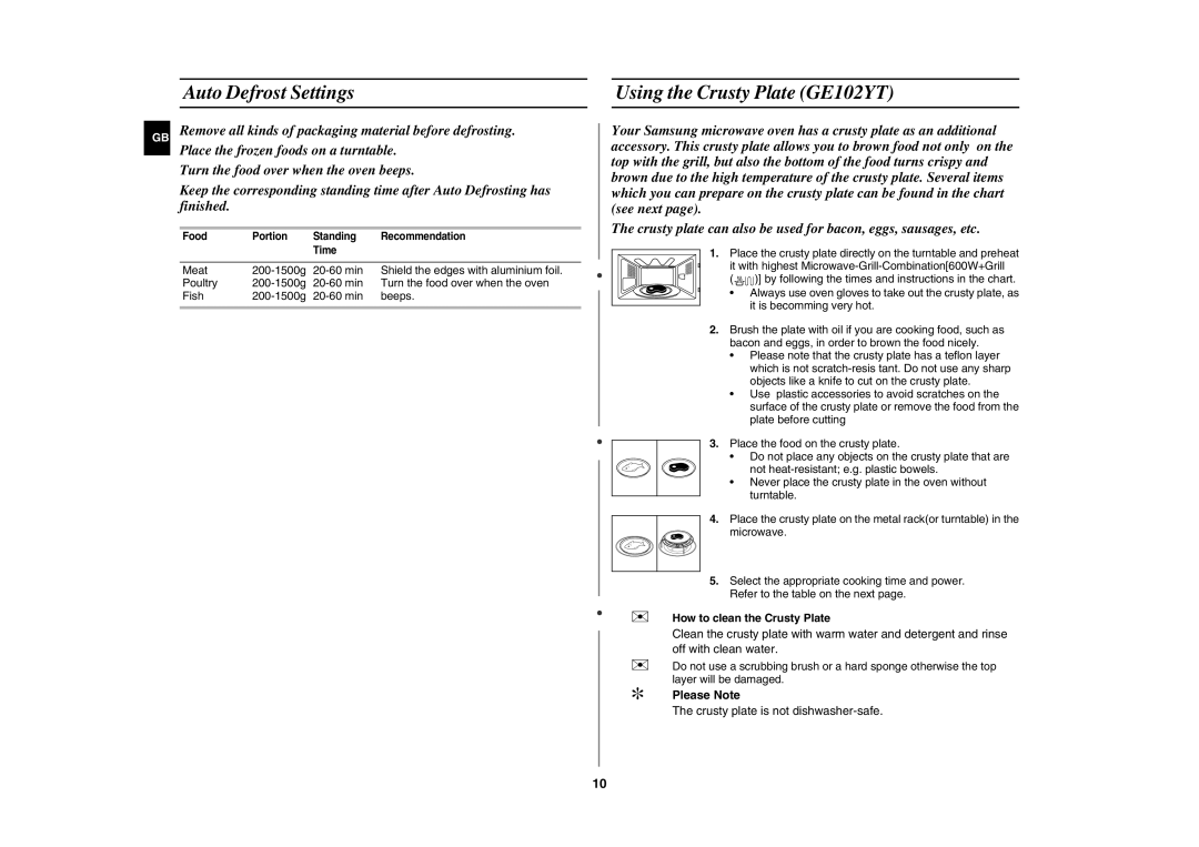Samsung GE102Y/BOL Auto Defrost Settings, Using the Crusty Plate GE102YT,  How to clean the Crusty Plate,  Please Note 