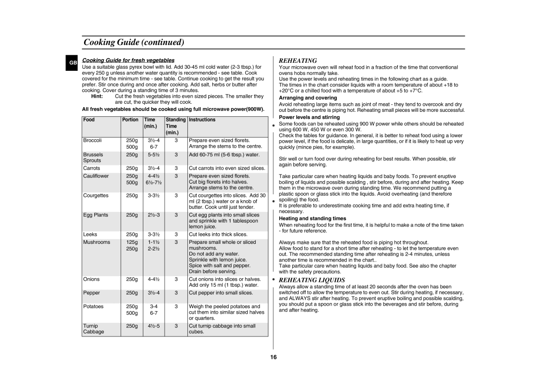 Samsung GE102Y/BOL manual Reheating Liquids, Cooking Guide for fresh vegetables 