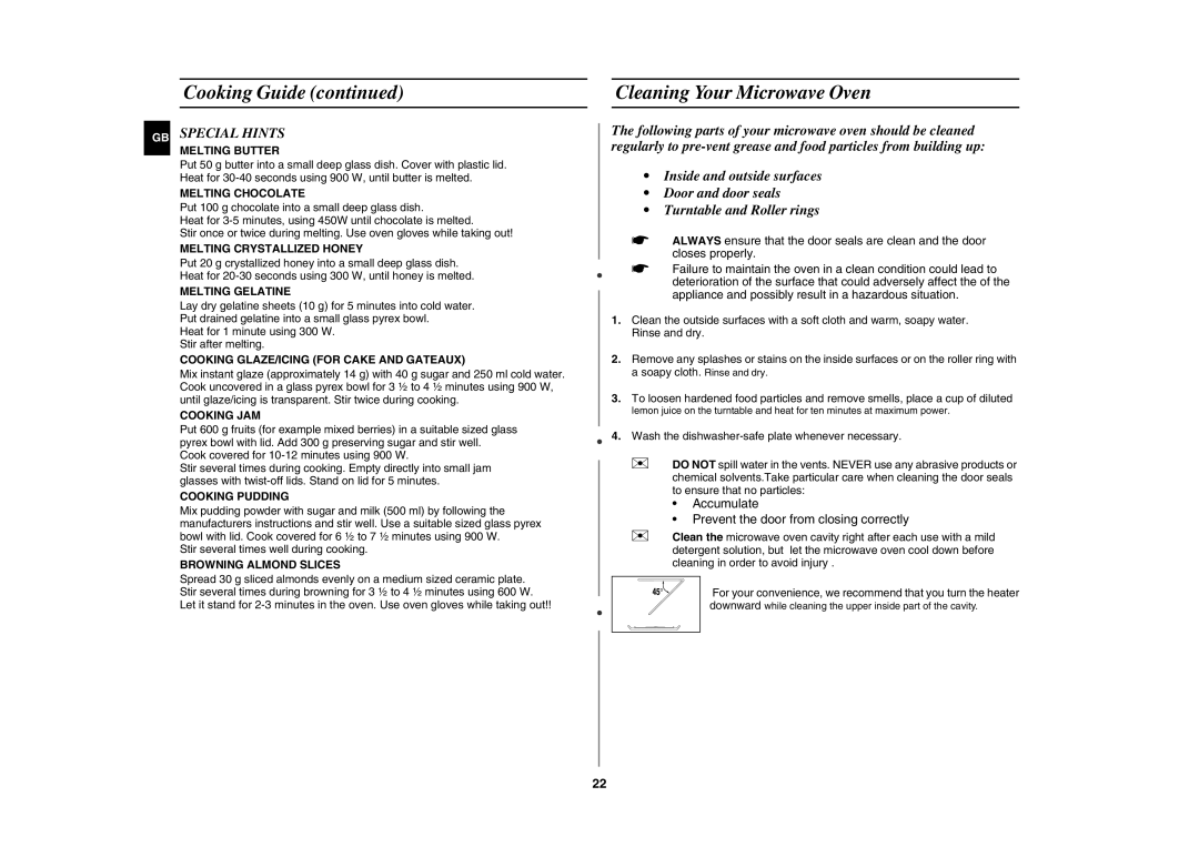 Samsung GE102Y/BOL manual Cleaning Your Microwave Oven, GB Special Hints 