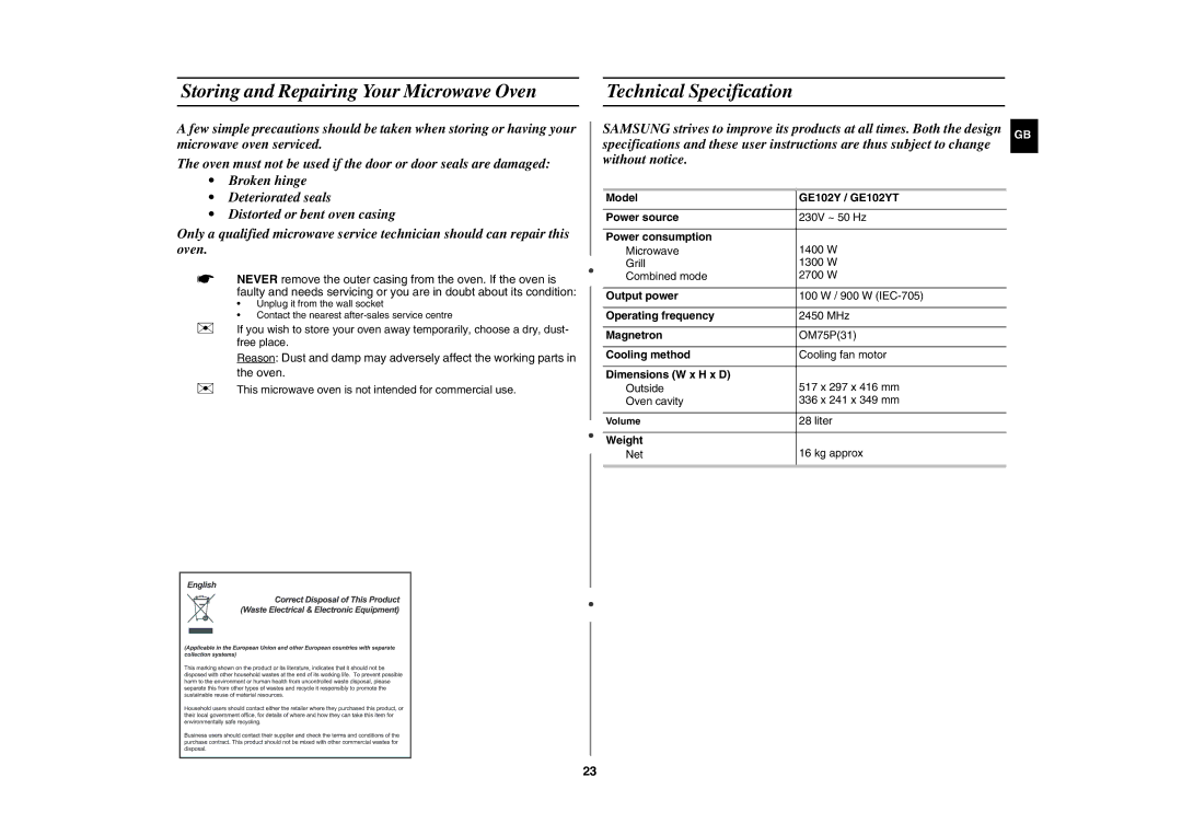 Samsung GE102Y/BOL manual Storing and Repairing Your Microwave Oven, Technical Specification 