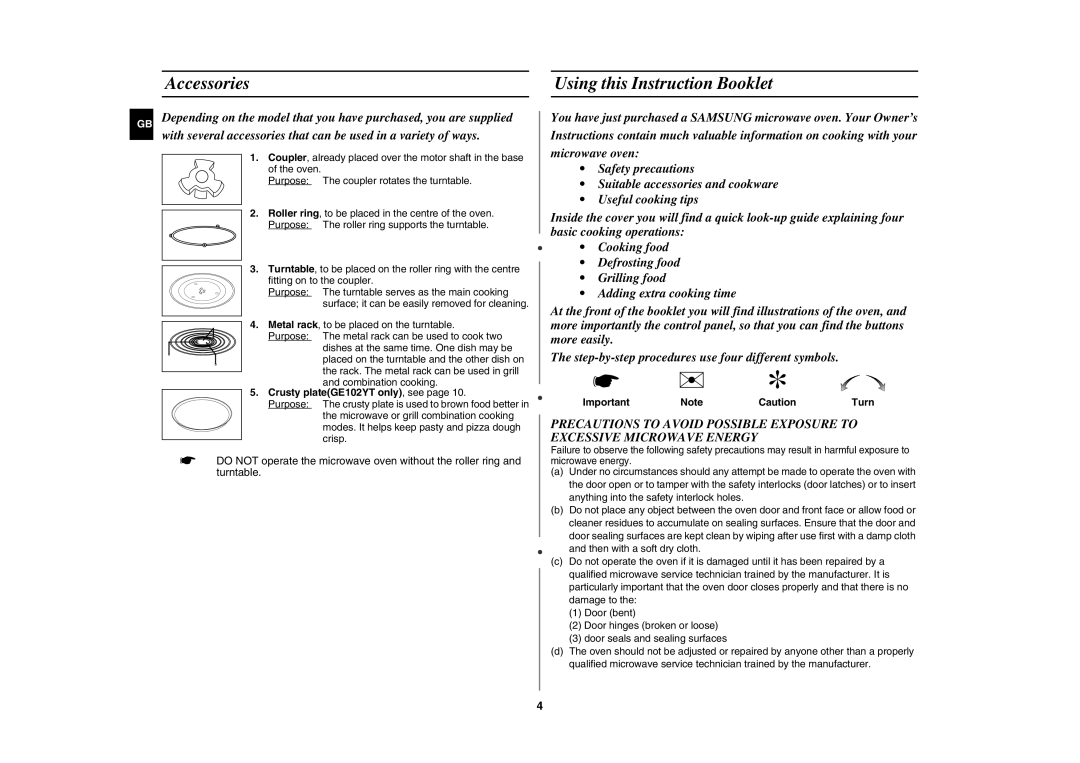 Samsung GE102Y/BOL manual Accessories Using this Instruction Booklet, Crusty plateGE102YT only, see 