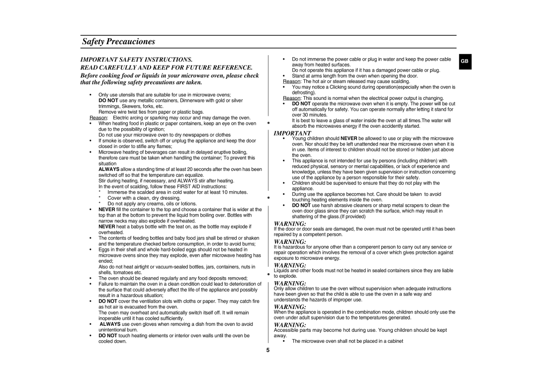 Samsung GE102Y/BOL manual Safety Precauciones 