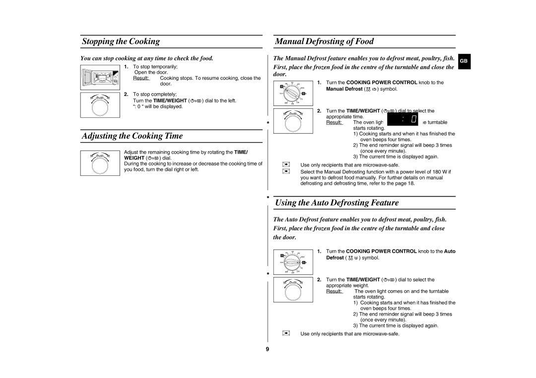 Samsung GE102Y/BOL manual Stopping the Cooking Manual Defrosting of Food, Adjusting the Cooking Time 