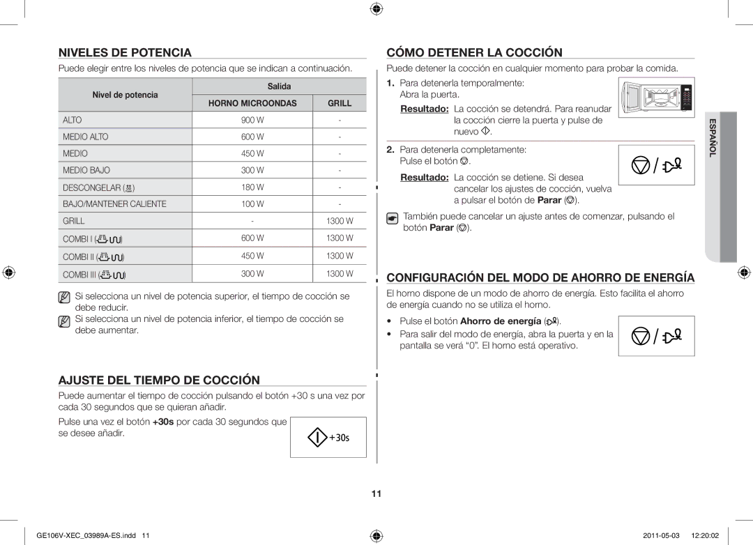 Samsung GE106V-S/XEC Niveles de potencia, Cómo detener la cocción, Configuración del modo de ahorro de energía, Nuevo 