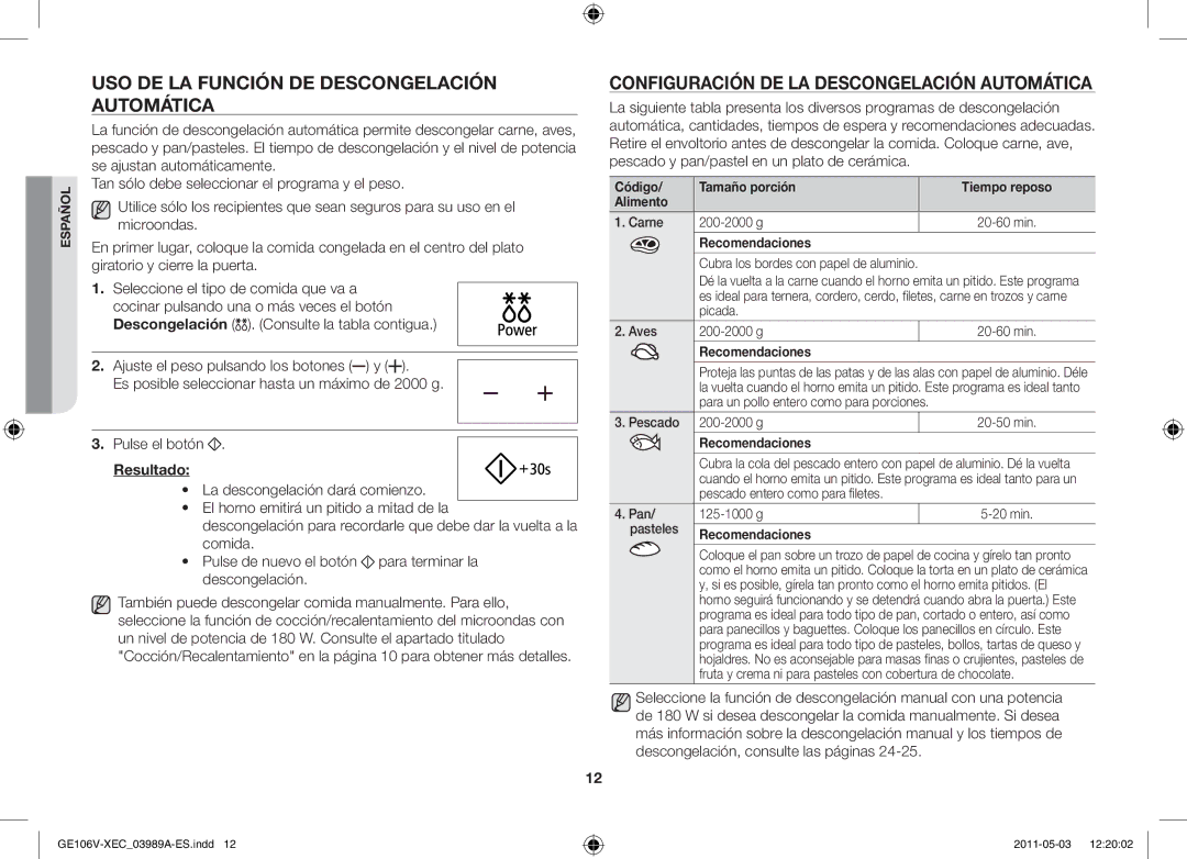 Samsung GE106V-S/XEC manual Uso de la función de descongelación automática, Configuración de la descongelación automática 