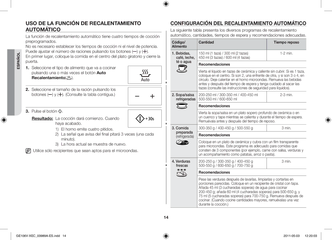 Samsung GE106V-S/XEC manual Uso de la función de recalentamiento automático, Configuración del recalentamiento automático 