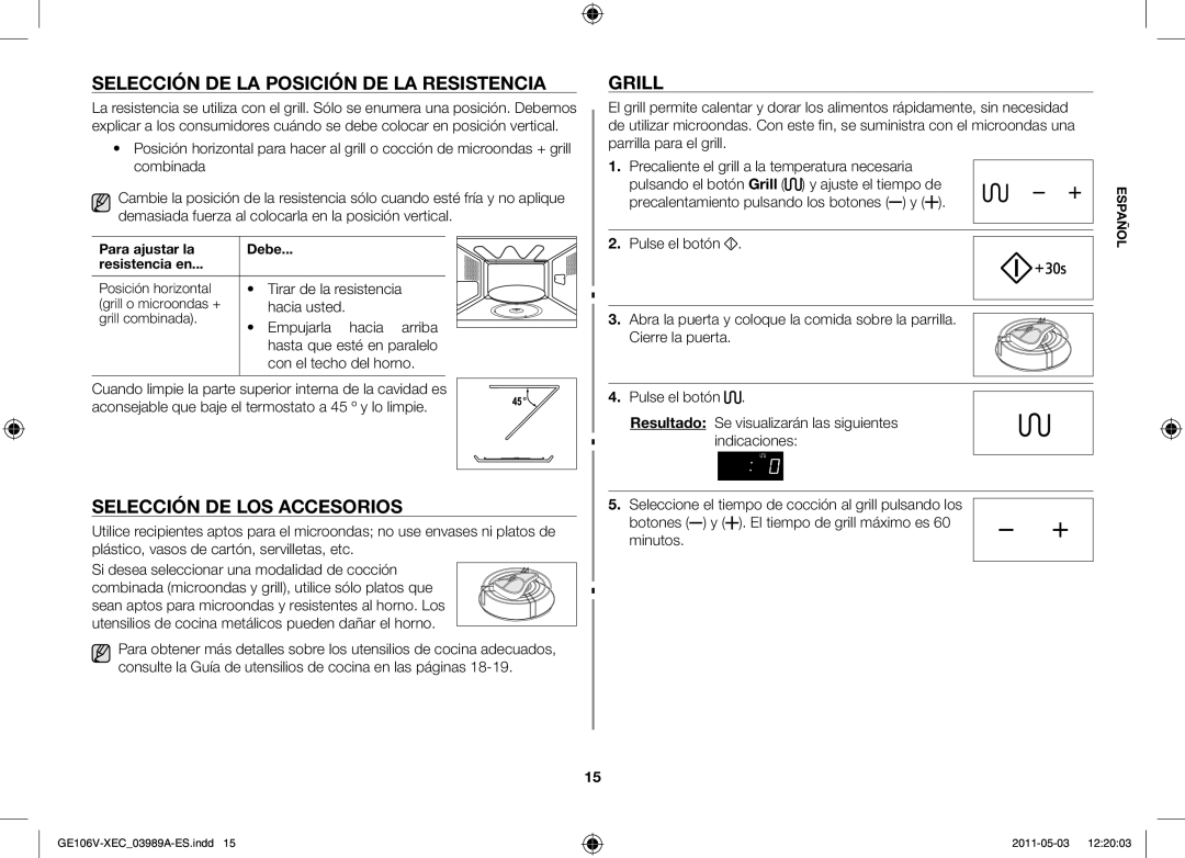 Samsung GE106V-S/XEC manual Selección de la posición de la resistencia, Selección de los accesorios, Grill 