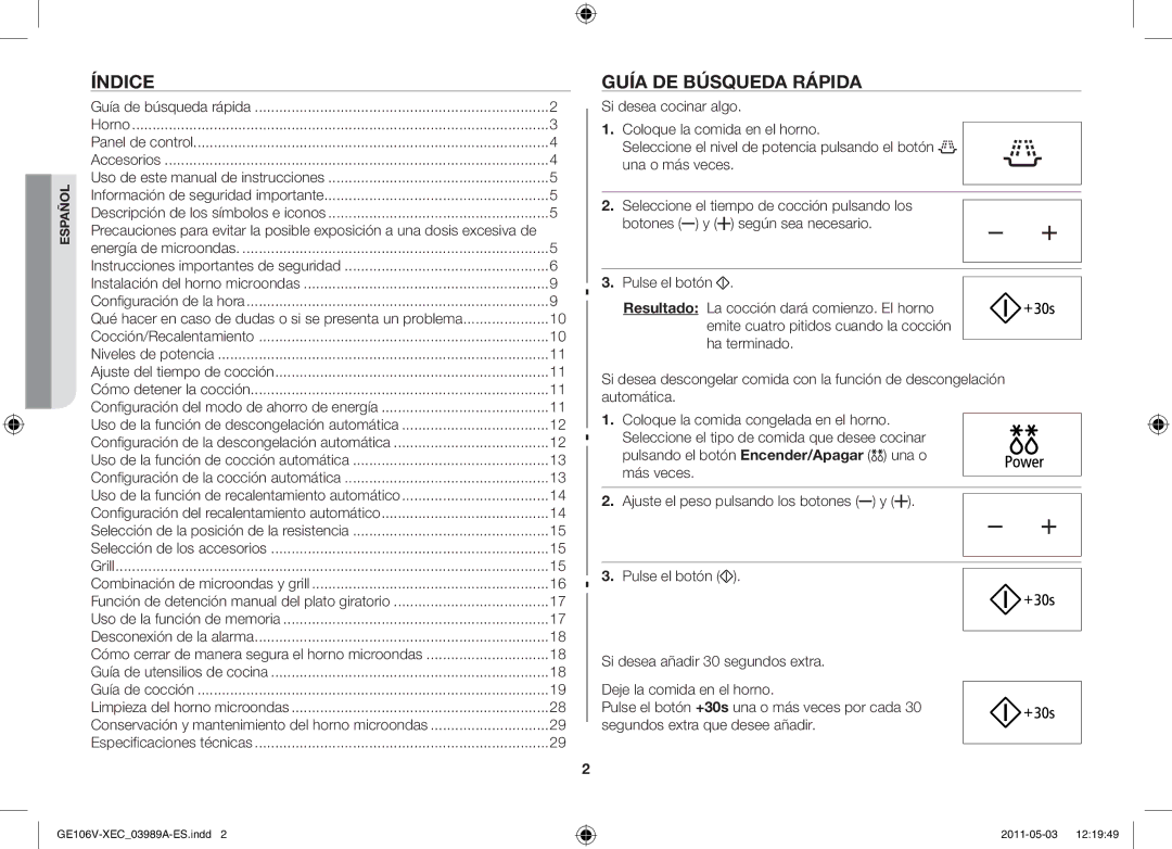 Samsung GE106V-S/XEC manual Índice, Guía de búsqueda rápida 