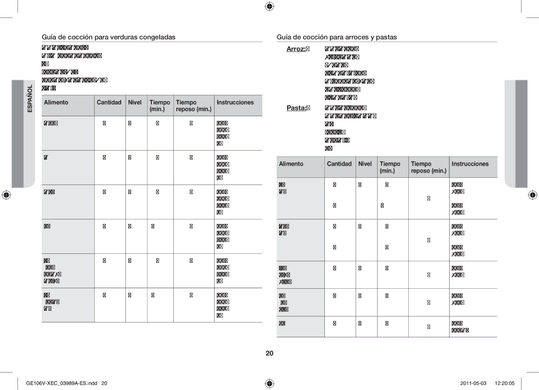 Samsung GE106V-S/XEC manual Alimento Cantidad Nivel Tiempo Instrucciones Min 