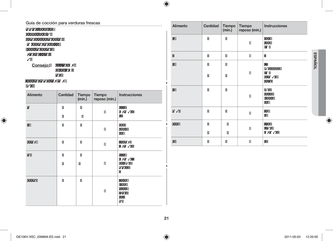 Samsung GE106V-S/XEC manual Alimento Cantidad Tiempo Instrucciones Min 