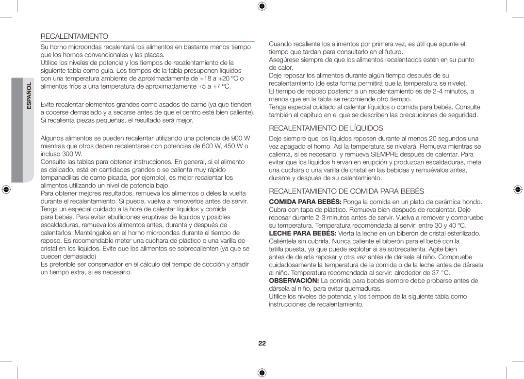 Samsung GE106V-S/XEC manual Recalentamiento DE Líquidos, Recalentamiento DE Comida Para Bebés 