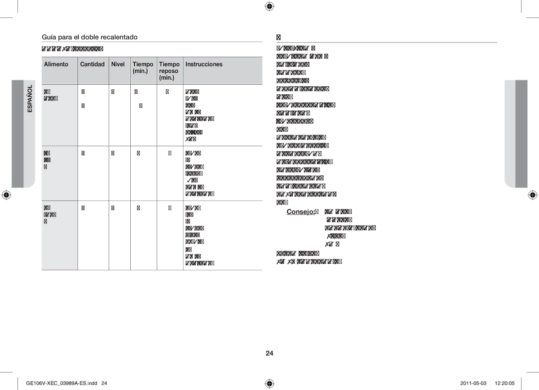 Samsung GE106V-S/XEC manual Descongelación Manual, Alimento Cantidad Nivel Tiempo Instrucciones Min Reposo 