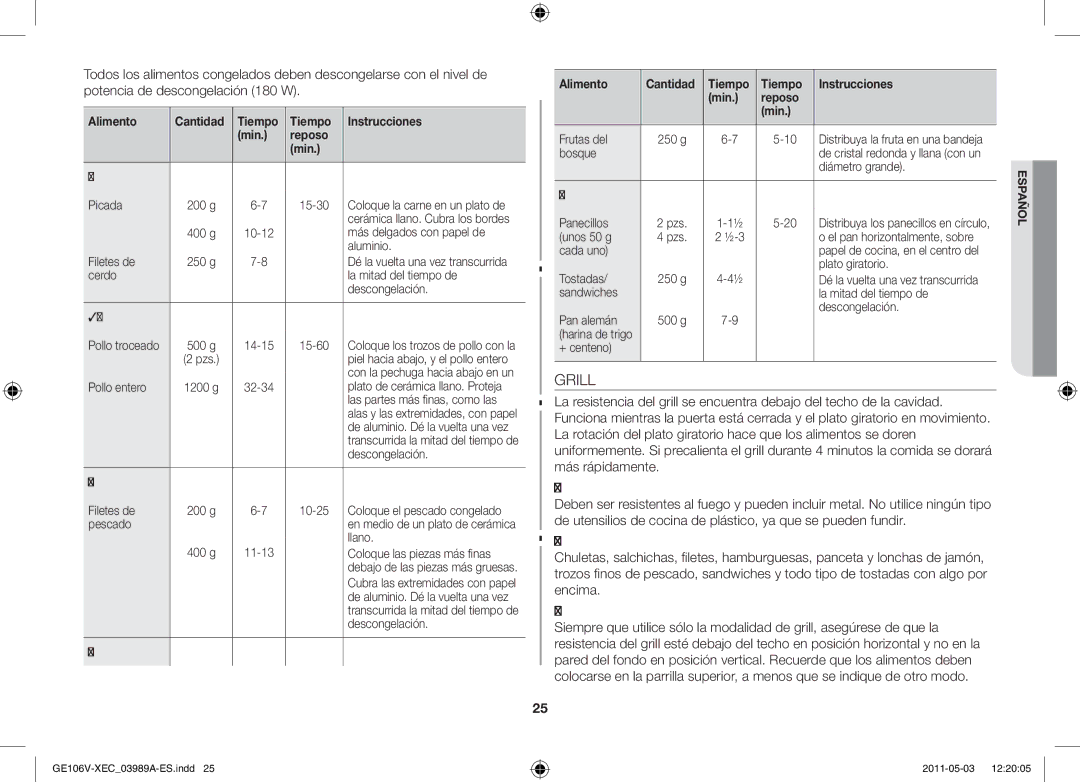 Samsung GE106V-S/XEC manual Grill, Alimento Cantidad Tiempo Instrucciones Min Reposo 