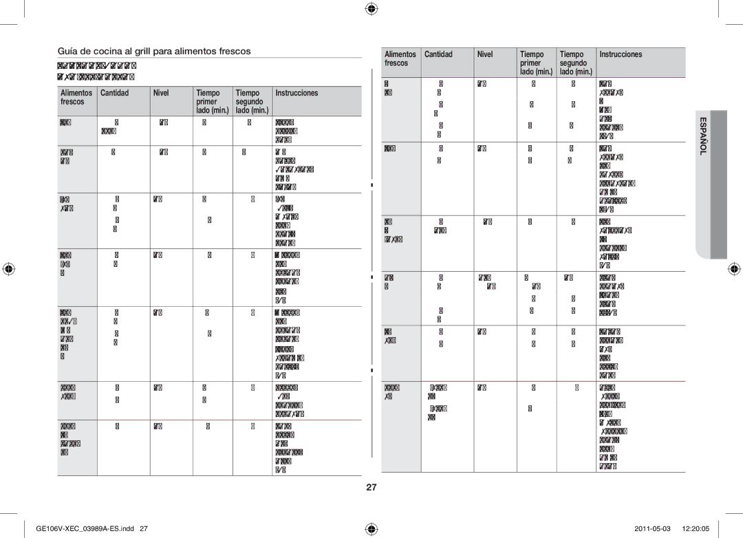 Samsung GE106V-S/XEC manual Guía de cocina al grill para alimentos frescos 