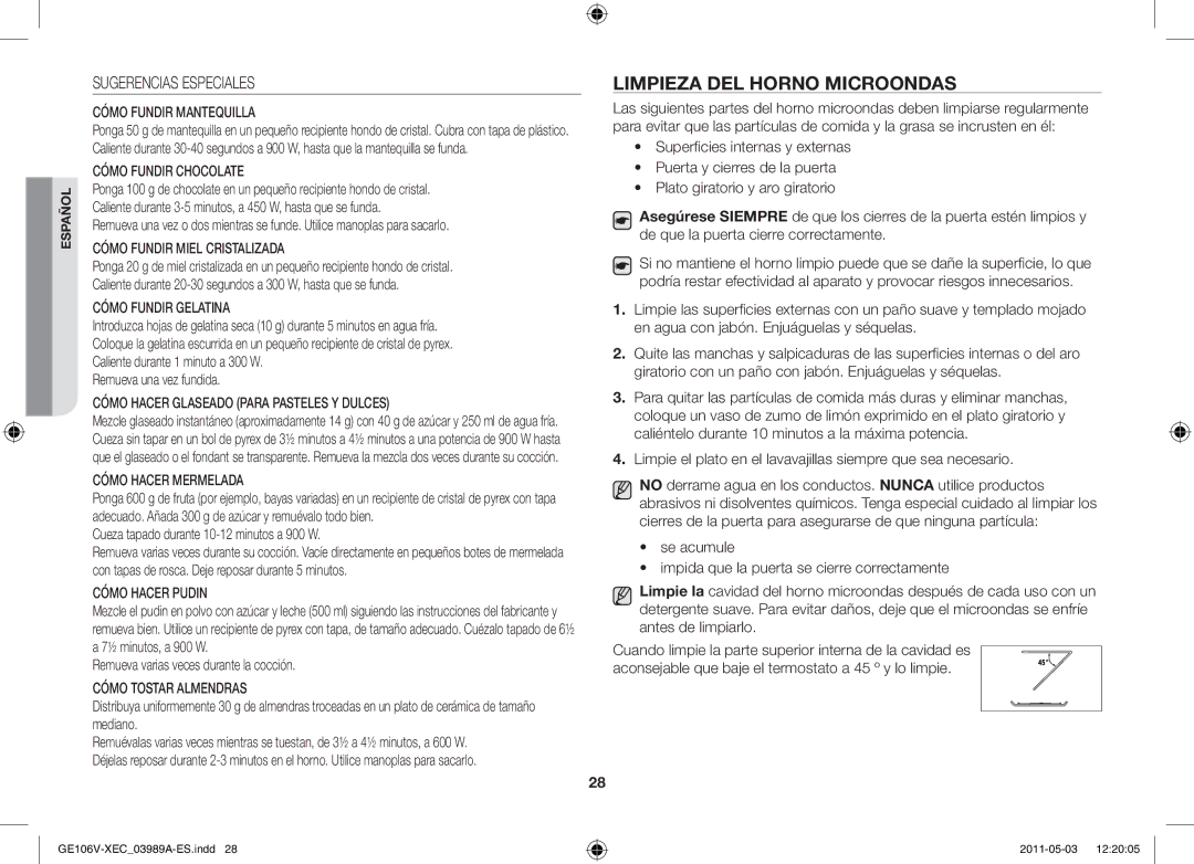 Samsung GE106V-S/XEC manual Limpieza del horno microondas, Sugerencias Especiales 