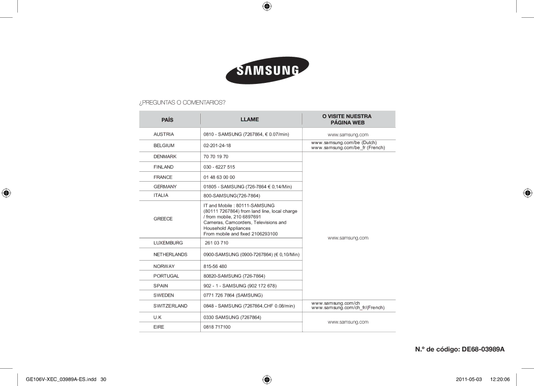 Samsung GE106V-S/XEC manual De código DE68-03989A 