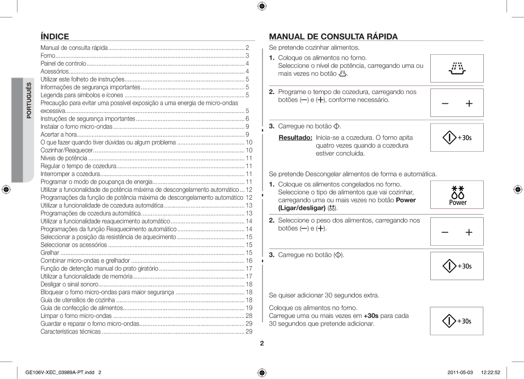 Samsung GE106V-S/XEC manual Índice, Manual de consulta rápida 