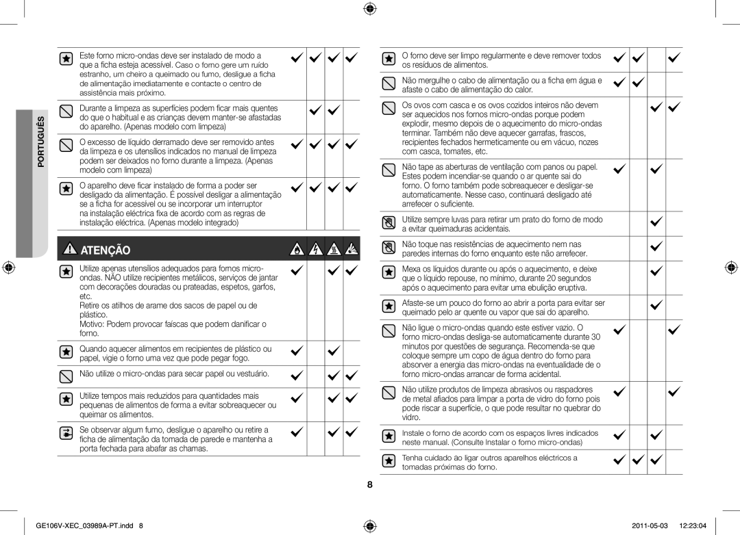 Samsung GE106V-S/XEC manual Atenção 