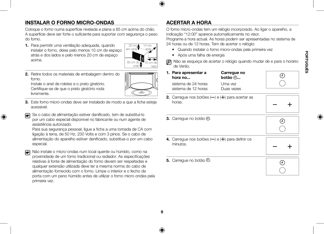 Samsung GE106V-S/XEC manual Instalar o forno micro-ondas, Acertar a hora, De Verão, Carregue nos botões 