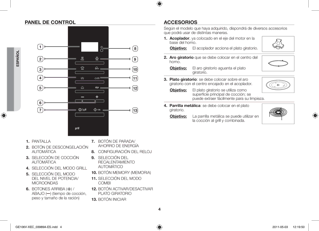 Samsung GE106V-S/XEC manual Panel de control Accesorios 