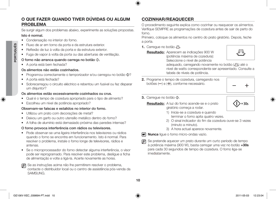 Samsung GE106V-S/XEC manual Que fazer quando tiver dúvidas ou algum problema, Cozinhar/Reaquecer 