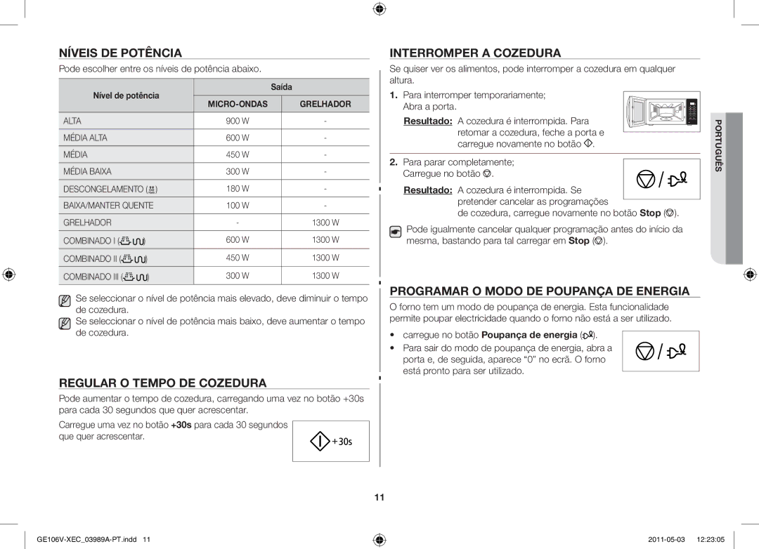 Samsung GE106V-S/XEC manual Níveis de potência, Regular o tempo de cozedura, Interromper a cozedura 