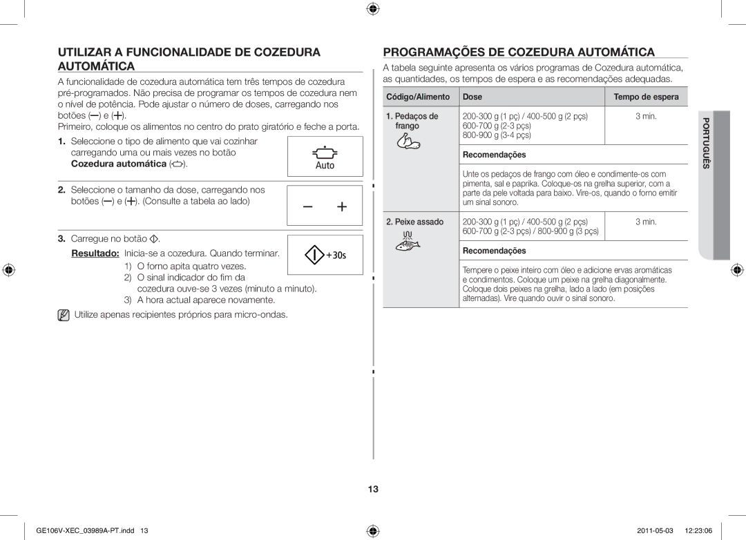 Samsung GE106V-S/XEC manual Utilizar a funcionalidade de cozedura automática, Programações de cozedura automática 