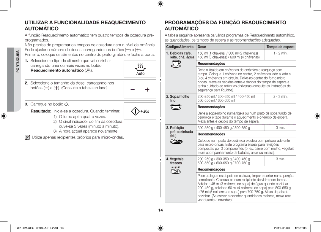 Samsung GE106V-S/XEC Utilizar a funcionalidade reaquecimento automático, Programações da função Reaquecimento automático 