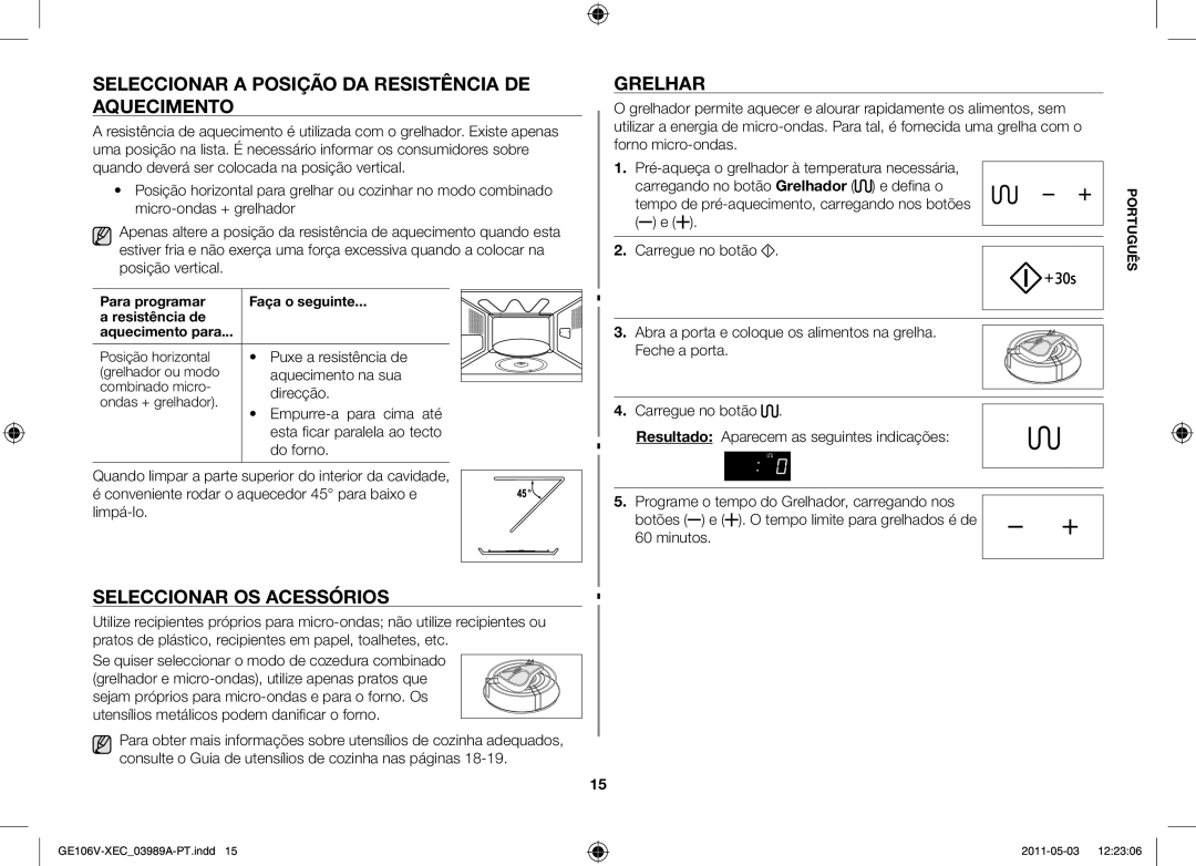 Samsung GE106V-S/XEC manual Seleccionar a posição da resistência de aquecimento, Seleccionar os acessórios, Grelhar 